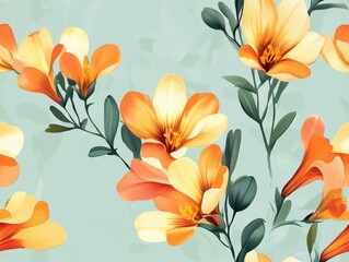 Freesia pattern on light aqua pastel background, viewed from above