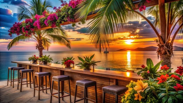 Tropical bar with colorful flowers and palm trees overlooking the blue sea at sunset, tropical, bar, colorful, flowers