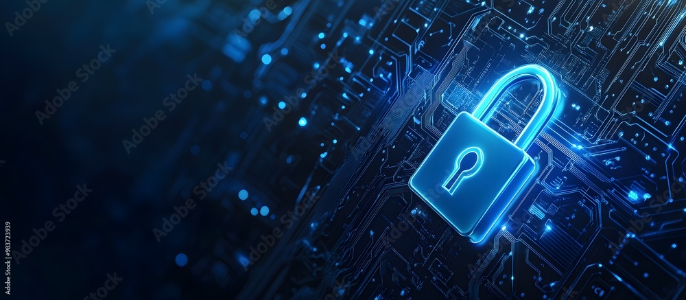 Poster abstract blue digital security lock icon on a dark background with a circuit board pattern, symboliz