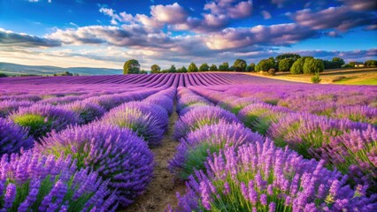 Fototapeta premium Vibrant field of blooming lavender flowers in a scenic countryside setting, lavender, flowers, field, blooming, vibrant, purple