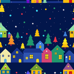 Fototapeta premium Christmas suburban winter wonderland with colorful lights, Christmas decorated houses, Christmas colorful lights, night time, starry night