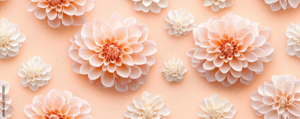 Wall mural Dahlia pattern on light peach pastel background, top down view, showcasing the intricate details of the design.