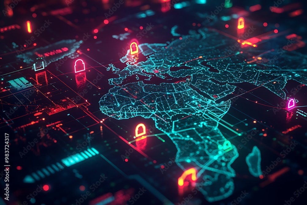 Wall mural digital locks and network lines illustrate cybersecurity on a global map.