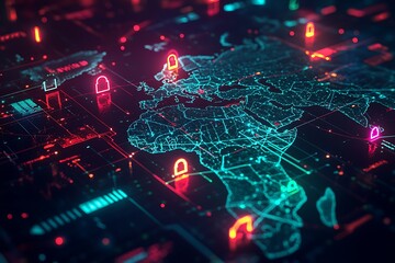 Obraz premium Digital locks and network lines illustrate cybersecurity on a global map.