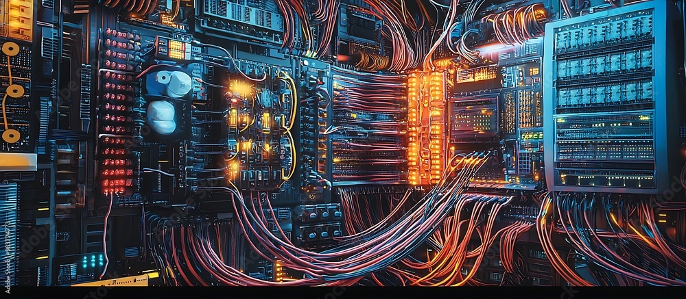 Wall mural fiber optical connector interface in multiple exposures symbolizing fast data transmission.