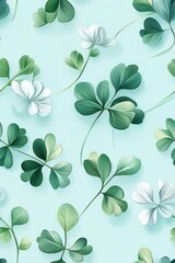Fototapeta premium Clover flower pattern on light baby blue pastel background, viewed from above, creating a soothing and elegant design.