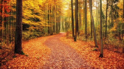 Obraz premium Autumnal Pathway Through Golden Forest