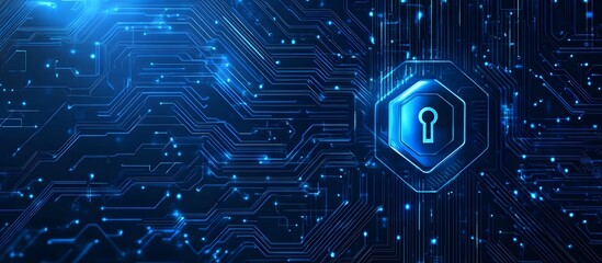 Abstract blue digital security lock icon on a dark background with a circuit board pattern, symbolizing data protection and cybersecurity concept.