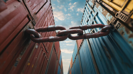 Obraz premium A broken chain blocking shipping container symbolizes disruption and challenges in logistics. vibrant colors of containers contrast with heavy chain, evoking sense of urgency and tension