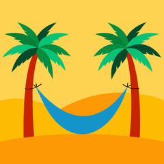 a cartoon hammock tied between two palm trees, gently swaying over a sandy beach
