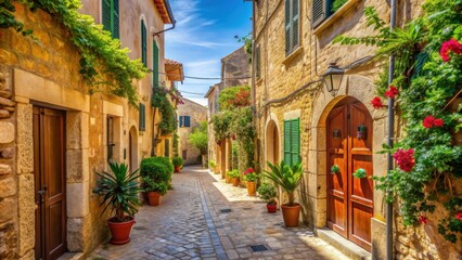 Narrow street in an old Mediterranean town at noon in summertime , historic, village, architecture, town, old