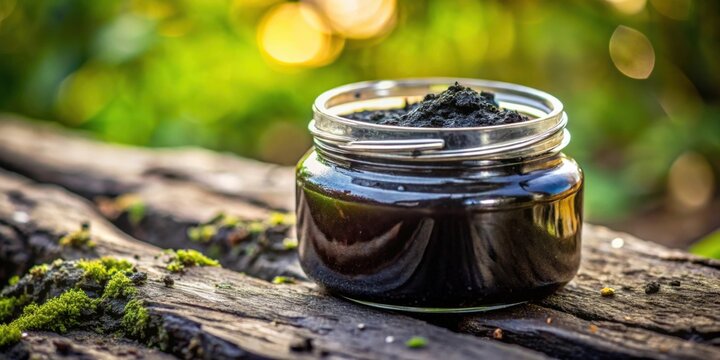 A close-up stock photo of a jar of shilajit with a natural background , shilajit, supplement, Ayurveda, health, wellness