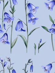 Bluebell pattern on light sky blue pastel background, viewed from above.