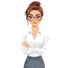 Confident Businesswoman with Arms Crossed, White Shirt and Glasses.