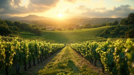 Naklejka premium Scenic vineyard at sunset with rows of grapevines.