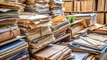 Obraz premium Closeup of old notebooks, documents, cardboard boxes stacked on paper spreadsheets, waste for recycling, old