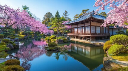 Fototapeta premium Japanese Garden with Cherry Blossoms and Traditional House