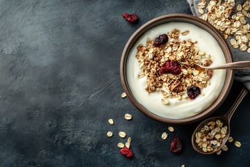 Fototapeta premium Yogurt with Granola and Dried Cranberries in a Brown Bowl