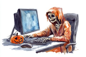 A watercolor illustration of a skeleton in a hoodie sitting at a computer, symbolizing the challenges and pressures of being a software engineer, work, deadlines, burnout, halloween, and spooky.