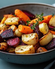 A bowl of roasted root vegetables garnished with herbs.