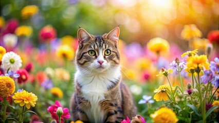 Obraz premium Cute cat surrounded by colorful flowers in a spring garden, cat, flowers, spring, cute, animal, garden, floral background