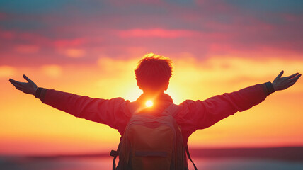 Fototapeta premium A traveler stands with arms outstretched toward horizon, embracing vibrant sunset. scene evokes sense of freedom and adventure, capturing beauty of nature