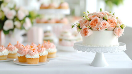 A beautifully arranged table setting featuring bridal shower theme, showcasing stunning cake adorned with pink roses and delightful cupcakes with pink frosting. atmosphere is elegant and celebratory