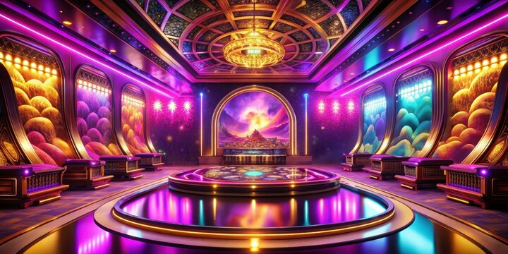 Vibrant and artistic iGaming platform with a stunning fusion of purple, pink, and golden hues, Artistic, Vibrant, iGaming, Platform