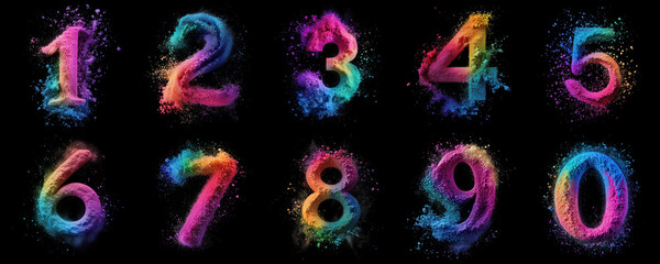 set of colorful vibrant powder dye numbers: 1, 2, 3, 4, 5, 6, 7, 8, 9, 0. isolated on black background