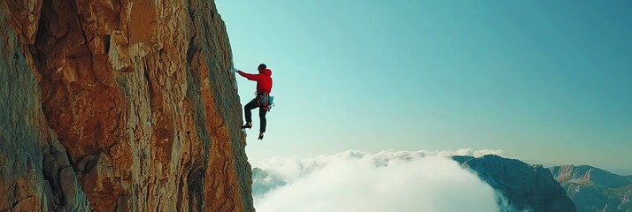 Heart-pounding moment of free solo climber on sheer cliff face, dizzying heights below