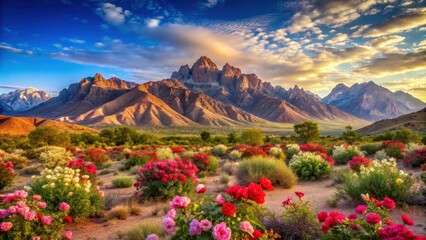 Fototapeta premium Beautiful mountains towering over a desert landscape filled with vibrant roses, desert, mountains, roses, beauty, stunning