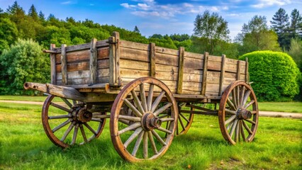 Fototapeta premium Old wooden horse-drawn rural wagon with four wheels, vintage, rustic, transportation, historic, countryside, relic, cart