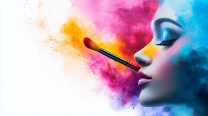 Obraz premium A woman's face is adorned with vibrant colors, symbolizing creativity, self-expression, transformation, beauty, and the power of art.