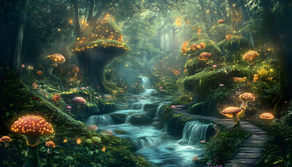 A mystical forest with glowing mushrooms, winding rivers, and floating islands, creating a magical and otherworldly feel