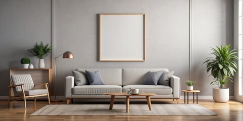 Empty frame mockup in living room wall poster mockup with modern furniture, empty frame