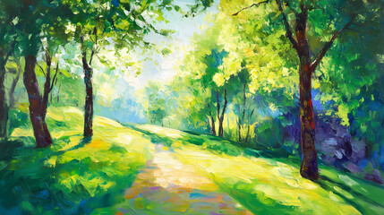 Obraz premium Oil painting on canvas-beautiful summer spring landscape, green trees and bright nature-modern impressionism fine art. Impressionism. Illustration