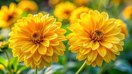 Fototapeta premium Close-up of two vibrant yellow flowers in full bloom in a garden , yellow, flowers, garden, bloomed, close-up, vibrant, petal