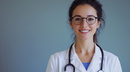 A beautiful female doctor, wearing glasses and a white lab coat with a stethoscope
