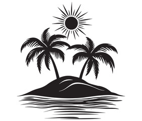 Silhouette tropical island with palms tree and landscape vector 