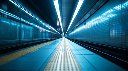 Obraz premium Long perspective of an empty subway station platform with blue lighting during the evening hours