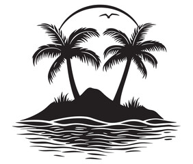 Silhouette tropical island with palms tree and landscape vector 
