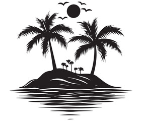 Silhouette tropical island with palms tree and landscape vector 