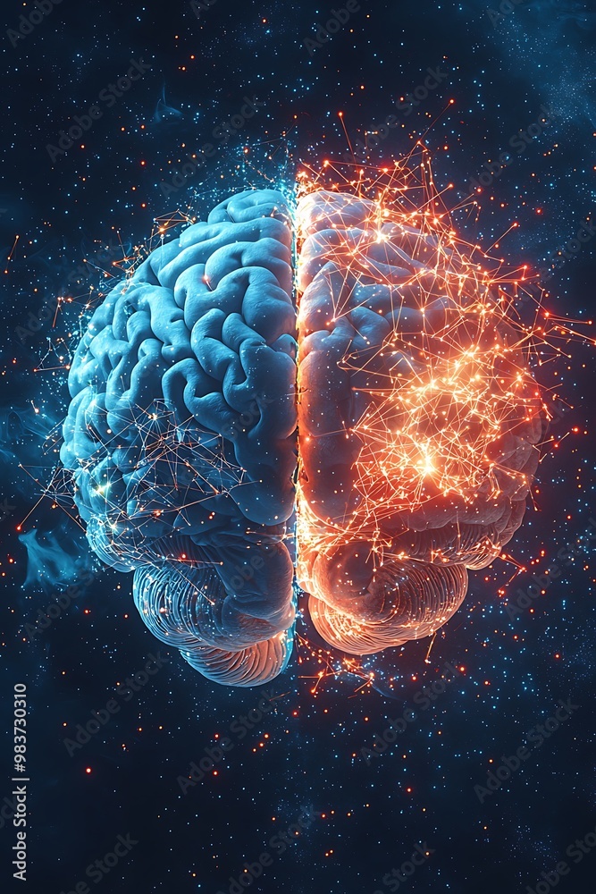 Wall mural creativity and logic symbolized by a luminous network within a split human brain.