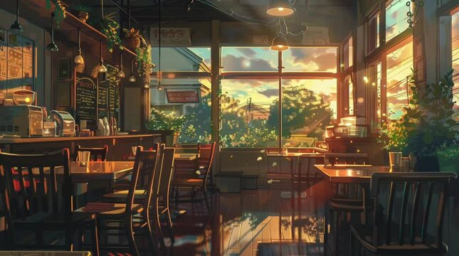 Sunlight streaming through the windows of a cozy caf&eacute; interior, illuminating the space with warm, natural rays of light
  Seamless looping 4k time-lapse virtual video animation Generated AI