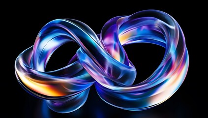 Abstract fluid. 3d render of colorful ring on black background, glowing light effect. intertwined rings