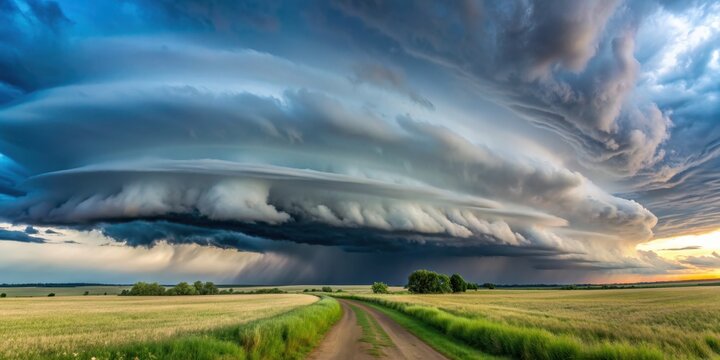 Extreme thunderstorm shelf cloud looming over a summer landscape, thunderstorm, shelf cloud, severe weather, dramatic