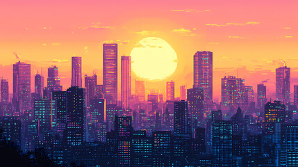 Fototapeta premium Pixel art city sunset. Pixel Art. Illustration
