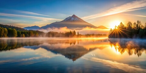 Sunrise over tranquil lake with mountain reflection in misty morning light , sunrise, tranquil lake, mountains