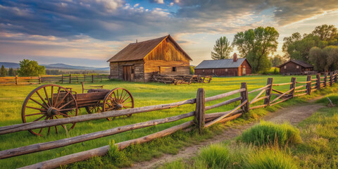 Rustic wooden fence and vintage farm equipment adorn the serene countryside landscape of a ranch, symbolizing a peaceful African American couple's country lifestyle.