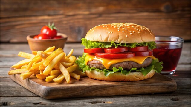 Delicious fast food combo of French fries and hamburger with ketchup and mustard , fast food